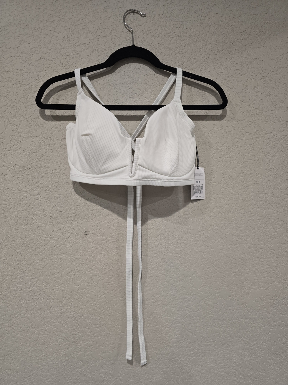Shade & Shore White Ribbed V-Plunge Swim Top with Back Tie Closure